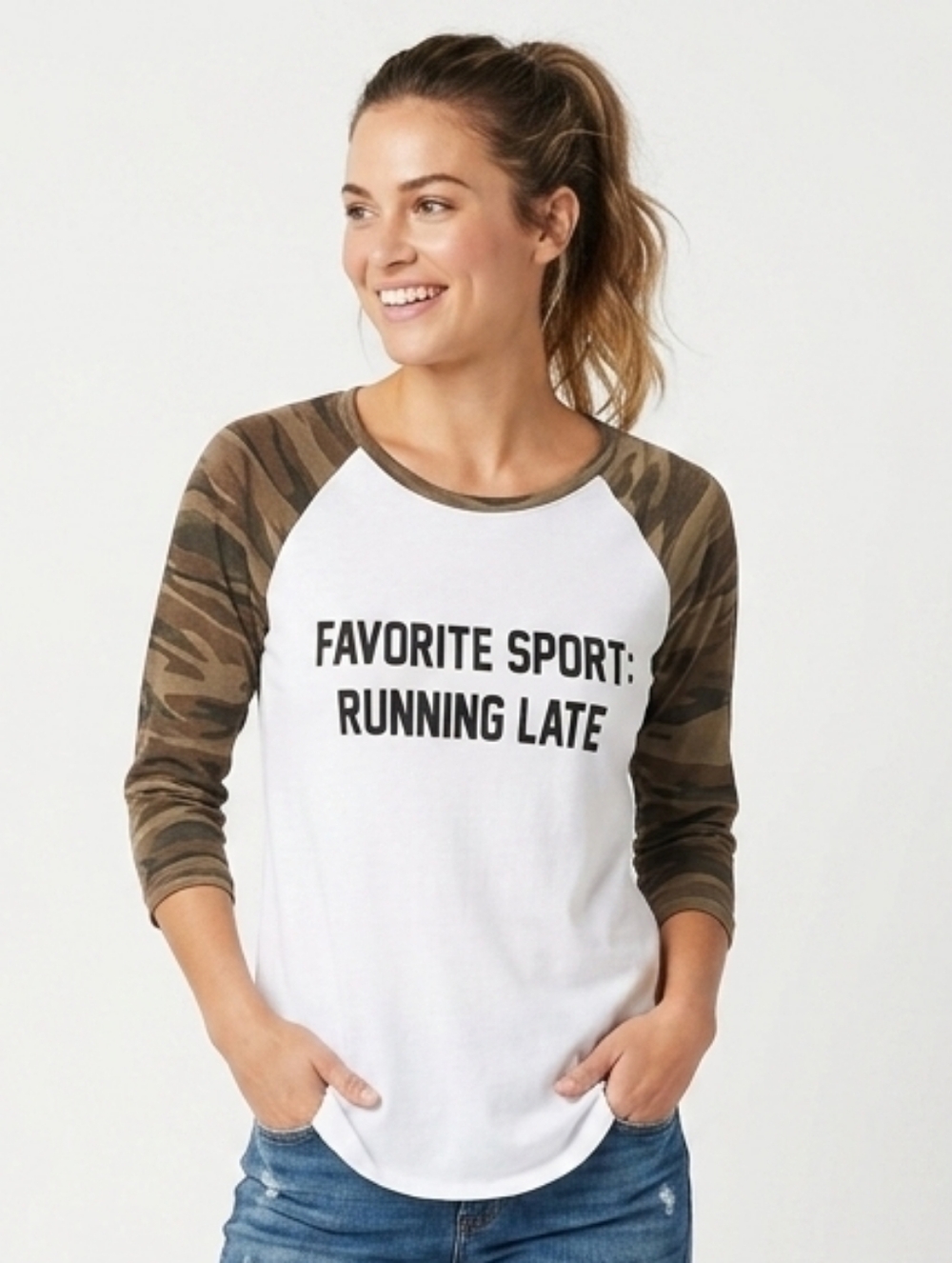 Love Tribe "Favorite Sport: Running Late" 3/4 sleeve camo tee size Medium